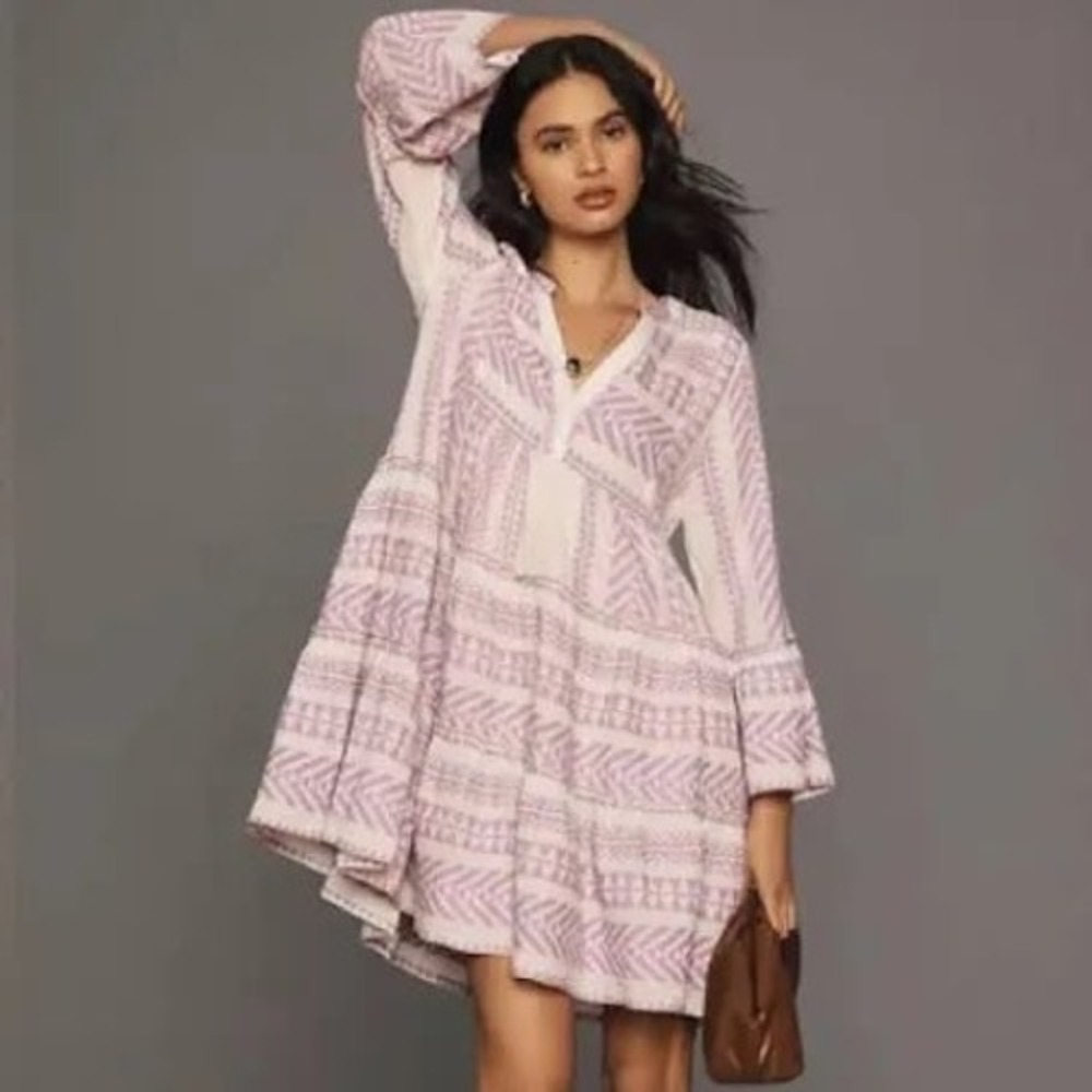 Devotion Twins Ella Purple White Geometric Cotton Tiered Mini Dress XS
